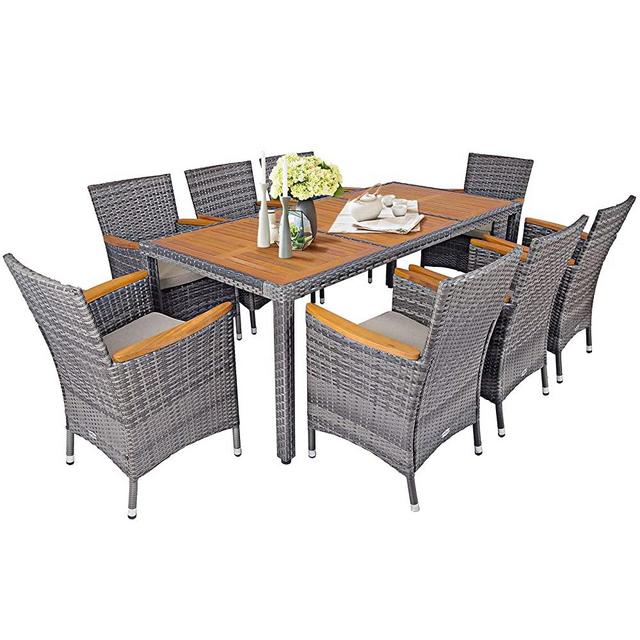 Tangkula 9 Pieces Patio Dining Set, Garden Acacia Wood and Wicker Furniture Set with 1 Rectangular Table & 8 Chairs with Cushions, Outdoor Rattan Dining Set for Patio, Yard, Poolside