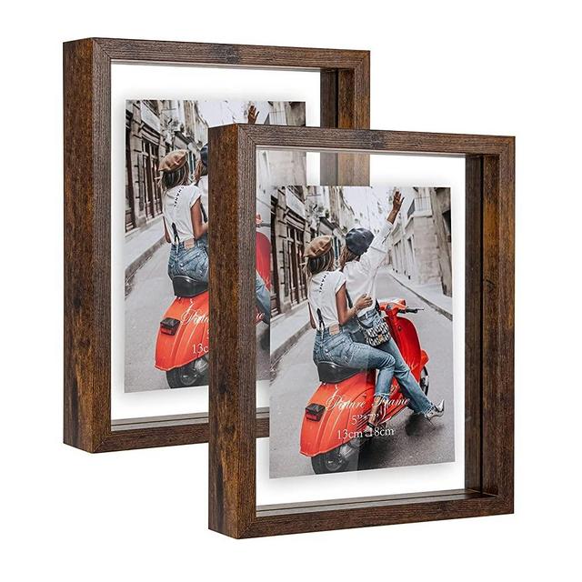 WIFTREY 5x7 Rustic Picture Frames Set of 2, Double Glass Side Floating Photo Frame for Table Top Wall Hanging, Displays Photo up to 7x9, Brown