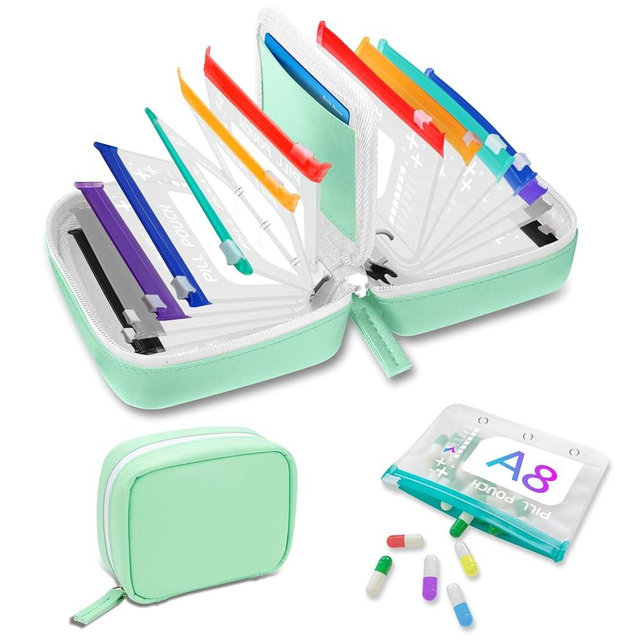 A8 Waterproof Pill Organizer Set, Twice-Daily Large Pill Organizer for Seven Days, Pill Storage with 14 Color-Coded Pouches, Reusable Travel Medicine Organizer