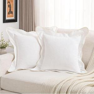 FUTEI Soft Cozy White Chenille Decorative Throw Pillow Covers 24x24 Inch Set of 2,Double Stitch Scalloped Bordered European Cushion Case,Modern Home Decor for Couch Bed Living Room