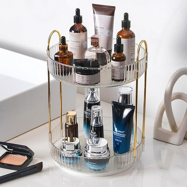 Zufudo Rotating Makeup Organizer 2 Tier Lazy Susan Trays Skincare Perfume Organizer for Bathroom Counter Vanity, Transparent