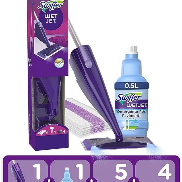 Swiffer WetJet Floor Spray Mop, Starter Kit, Includes: 1 WetJet, 5 Pads, 1 Cleaning Solution & 4 Batteries