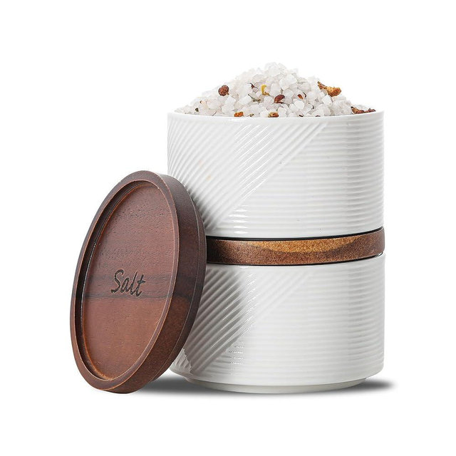 Adewnest Salt and Pepper Bowls: 10 oz Ceramic Salt Cellar with Lid - Stacked Salt Box for Countertop - Spice/Seasoning Storage Containers - Stackable, White, Wooden Lid