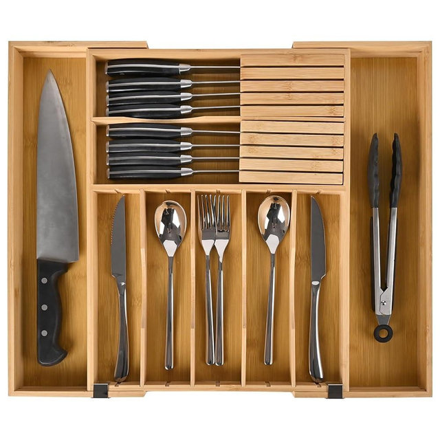 Silverware Organizer Expandable Bamboo Drawer Organizer with Non-Slip Stainless Steel Locking Clips, Kitchen Utensil Holder with Knife Block, Adjustable Cutlery Tray with Curved Grooves Dividers