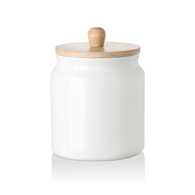 Sweejar Ceramic Kitchen Canisters, Porcelain Food Storage Jar with Airtight Seal Wooden Lid, Home Container Serving for Coffee Beans, Tea-leave, Sugar, Salt and More (White, XS(6.8 FLOZ))