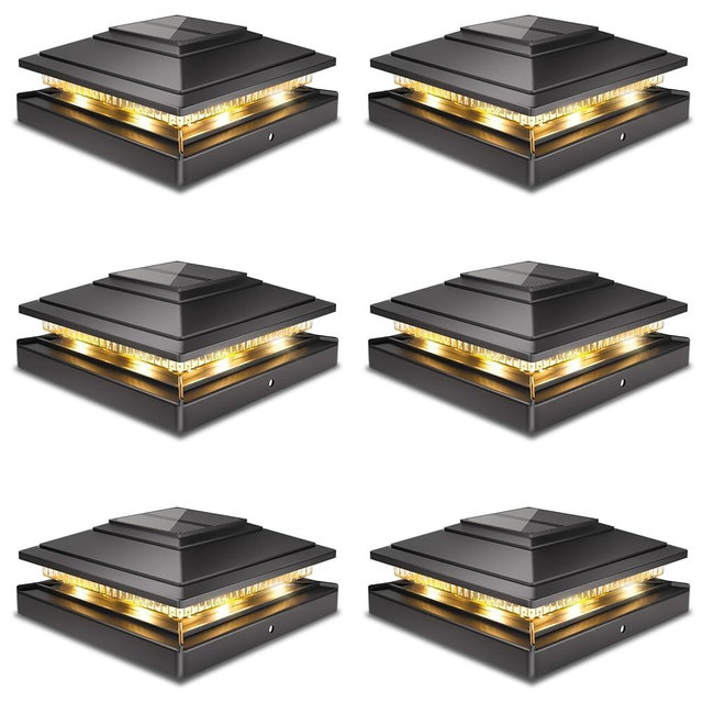 Post Caps Lights Outdoor 6pack, Waterproof Fence Post Solar Lights for 4x4 5x5 6x6 Wood/Vinyl Posts, Black Solar Deck Post Lights with 2 Color Modes Decorate Garden Patio Porch Backyard