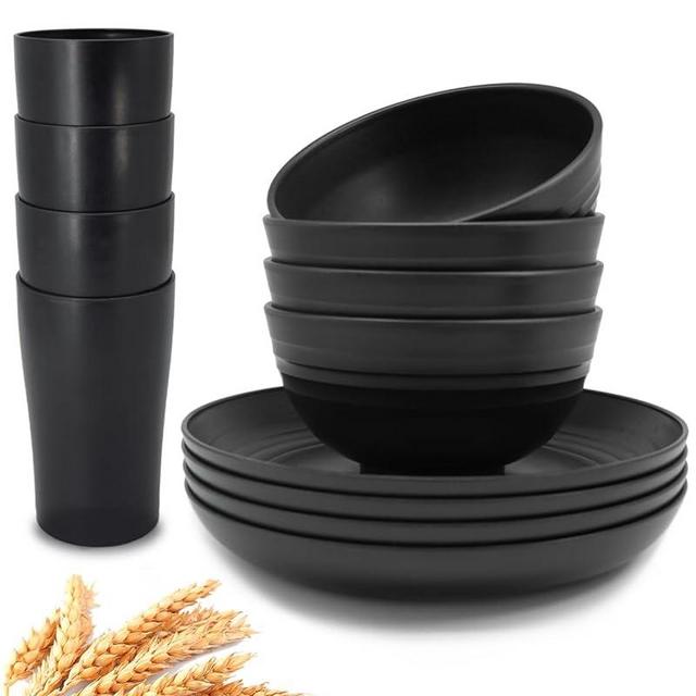 KITWILD Wheat Straw Dinnerware Sets, 12-Piece Lightweight Plastic Dinnerware Set with 8.9 Inch Unbreakable Plates, Bowl Set and Cup Set, BPA free, Dishwasher & Microwave Safe, Service for 4 - Black