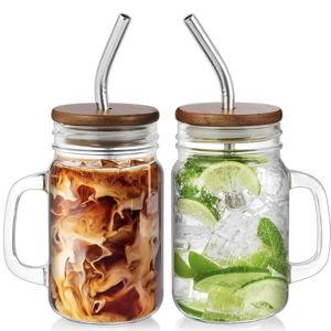 DRASTAR Iced Coffee Cup, 16 oz Mason Jar Cups with Handle, Small Glass Coffee Mugs with Straws and Acacia Lids, Drinking Glass Cups Set of 2, Smoothie, Overnight Oats Containers