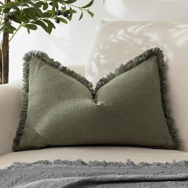 Foindtower Decorative Linen Fringe Lumber Throw Pillow Covers Cozy Boho Farmhouse Cushion Cover with Tassel Soft Accent Pillowcase for Sofa Bed Living Room Home Decor, 12×20 Inch, 1PC, Olive Green