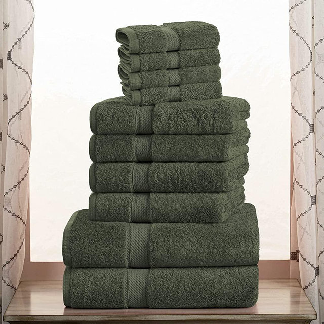 SUPERIOR Egyptian Cotton Solid Towel Set, Washcloths 13” x 13”, Hand Towels 20” x 30”, Bath Towels 30” x 55", 800 GSM, 10-Pieces, Forest Green