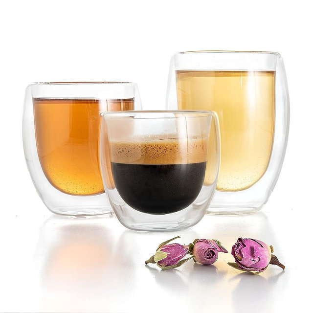 Moss & Stone Set of 3 Double Wall Glass Cup Clear Mug, Double Walled Coffee Mugs, Glass Tea Mugs, Insulated Coffee Mug Egg Shape.