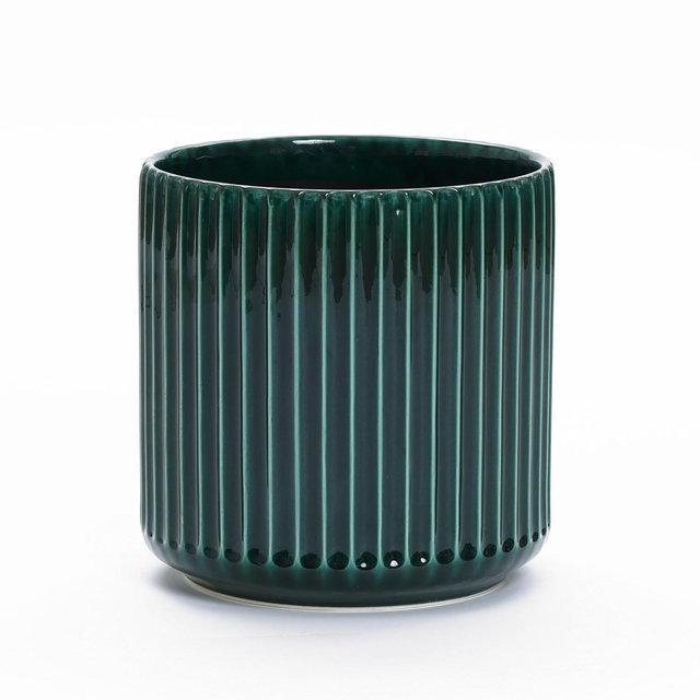 LuxenHome 13.5" Dia Ceramic Plant Pot Large Outdoor Indoor Decorative Planter with Drainage Hole and Plug Modern Jade Green Ribbed Planter