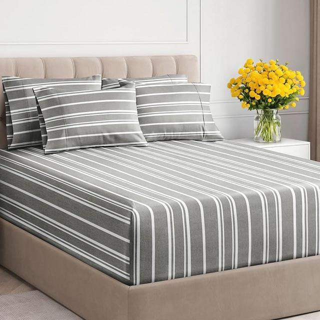 Extra Deep Queen Sheet Set - 6 Piece Breathable and Cooling Sheets - Hotel Luxury Bed Sheets Set - Easy Fit - Soft, Wrinkle Free and Comfy Sheets Set - Grey Striped Sheet Set with Extra Deep Pockets