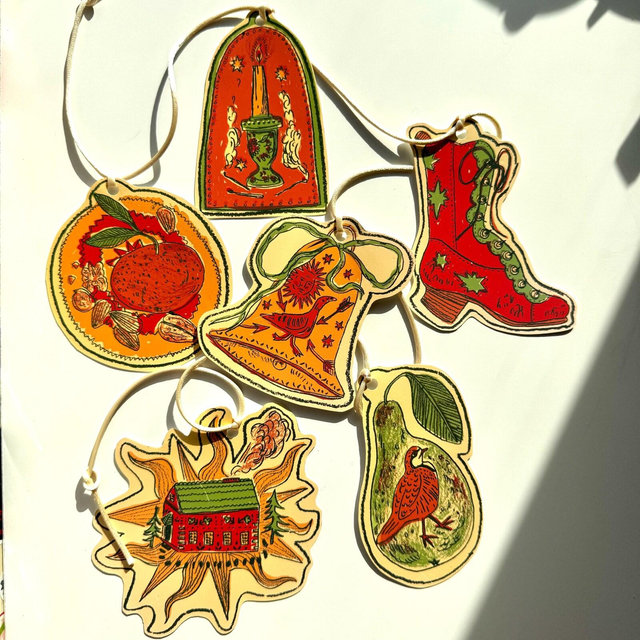 Illustrated Paper Garland Christmas/Autumn /Winter/ Solstice/ Yule -house, partridge, boot, candle, bell, goose, sun, orange