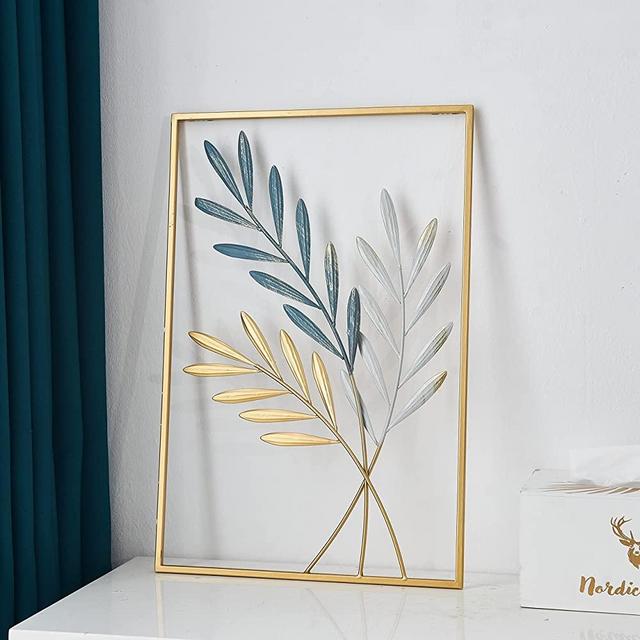 FUNTEREST Gold Metal Wall Decor, Leaf Art Wall Hanging Home Decor with Frame, Wall Decoration Sculpture for Living Room, Bedroom, Office Decor Ornaments (11.8 X 17.7 In, Gold Wheat Ears)