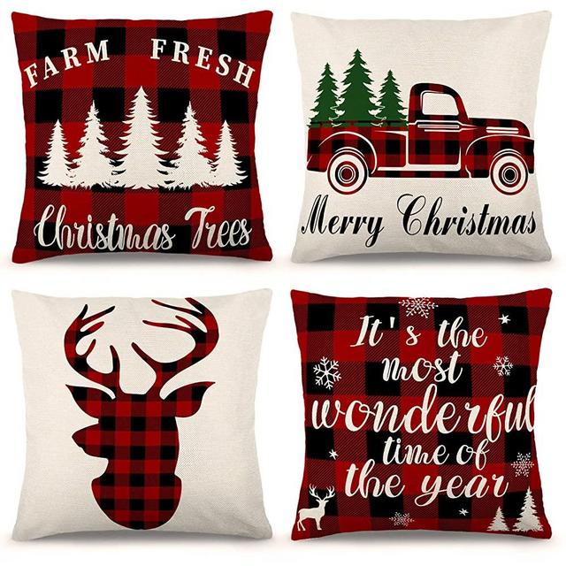 ZJHAI Christmas Pillow Covers 18×18 Inch Set of 4 Farmhouse Black and Red Buffalo Plaid Pillow Covers Holiday Rustic Linen Pillow Case for Sofa Couch Christmas Decorations Throw Pillow Covers