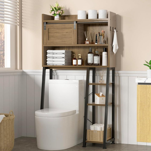 MU Over The Toilet Storage Cabinet w/Toilet Paper Holder Stand, Bathroom Storage Organizer w/Sliding Barn Door and 3 Side Hooks, Space-Saving Toilet Storage Rack for Bathroom, Laundry (Rustic Brown)
