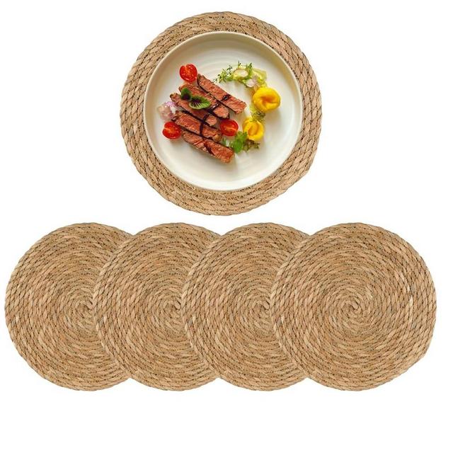 Round Woven Placemats Set of 4, 12" Boho Rattan Placemats Natural Hand-Woven Place Mats Table Decor, Chargers for Dinner Plates, Farmhouse Place Mats, Wicker Table Mats for Dining Table, Home