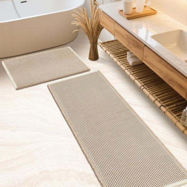 IM HOME Waffle Bath Mat Set 2 Piece Brown & Cream,Woven Modern Bath Rug Mats, Absorbent Non Slip Bath Floor Mat, Soft Washable Boho Bath Rugs with Tassels for Bathroom, Bedroom, Kitchen,Tub