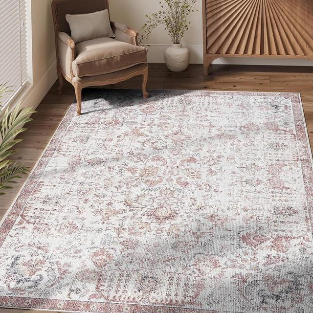 jinchan Area Rug 4x6 Washable Rug Vintage Rug Indoor Flodable Thin Rug Retro Accent Rug Distressed Carpet Red Multi Floral Country Boho Rug Non Slip Kitchen Bedroom Living Room Dining Room Office