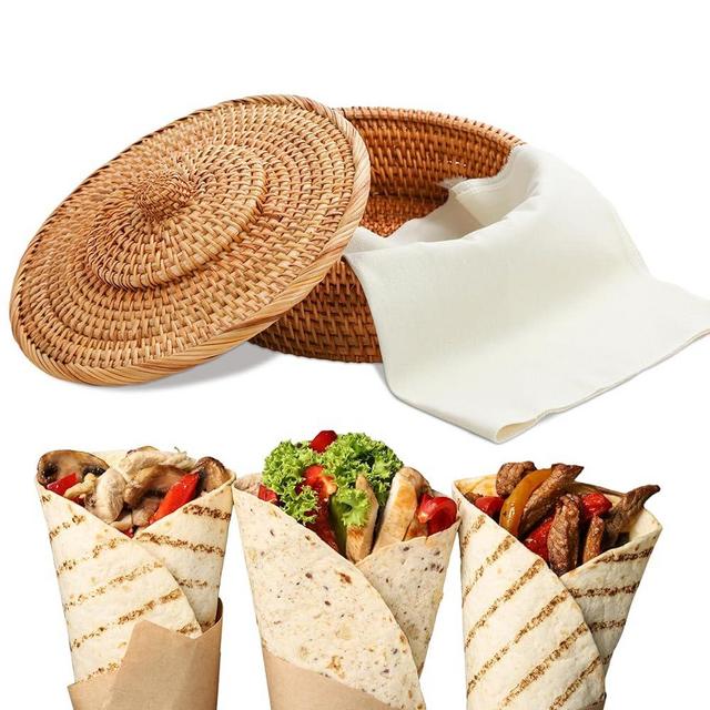 Wenqik 10 Inches Tortilla Warmer 2 Cotton Towel Cloth Handcrafted Rattan Tortilla Holder with Lid Rustic Mexican Tortilla Basket for Pancake Taco Bread