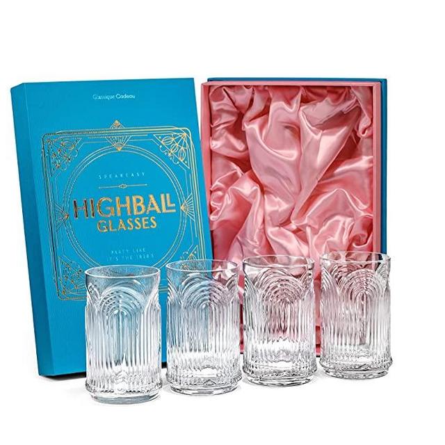 Vintage Art Deco 1920s Highball Cocktail Glasses | Set of 4 | 14 oz Tall Crystal Tumblers for Drinking Mojito, Whiskey Highball, Gin Rickey, Classic Long Bar Drinks | Large Hiball Glassware