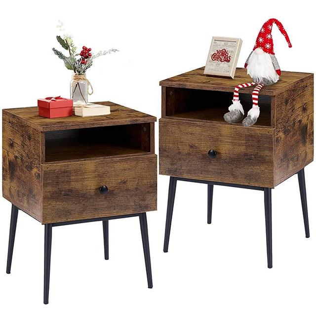 VECELO Modern End Side Table,2 Sets Nightstands with Drawer and Storage Space for Sofa Couch,Living Room and Bedroom, Antique Brown