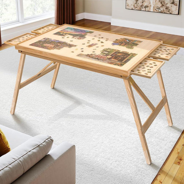 TEAKMAMA 27.6" H Tall 2000 Piece Puzzle Table with Legs, 41" W x 28.5" D Large Wood Folding Jigsaw Puzzle Board with Cover for Adults, 4 Drawers, Nature