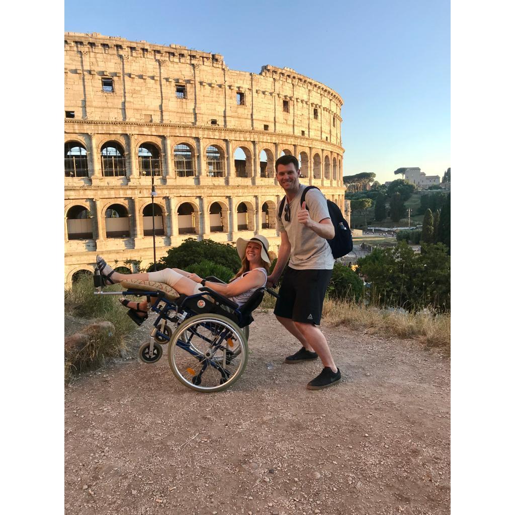 Halfway through our time in Rome, I injured my knee. The rest of the trip I was rolled or carried around. Here's a captured moment of Liam having too much fun with the wheel chair.