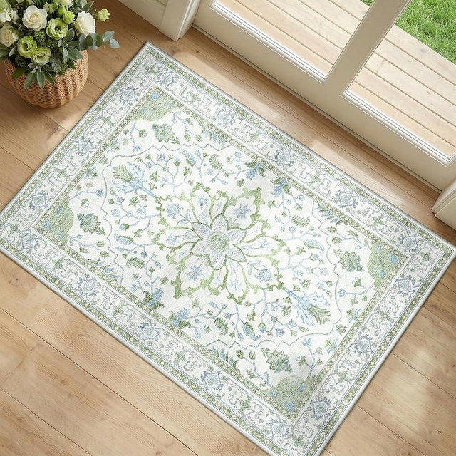 RELEANY Area Rugs 2'x3' Kitchen Rugs Entry Rug Small Rugs for Entryway Kitchen Bathroom Door Mat Indoor Entrance,Washable Non Slip, Green White Blue