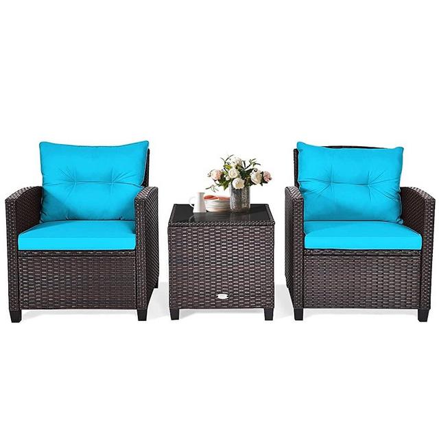 Happygrill 3 Pieces Patio Furniture Set Outdoor Furniture Rattan Wicker Chairs and Table Set, Balcony Porch Conversation Set with Washable Cushions & Tempered Glass Coffee Table