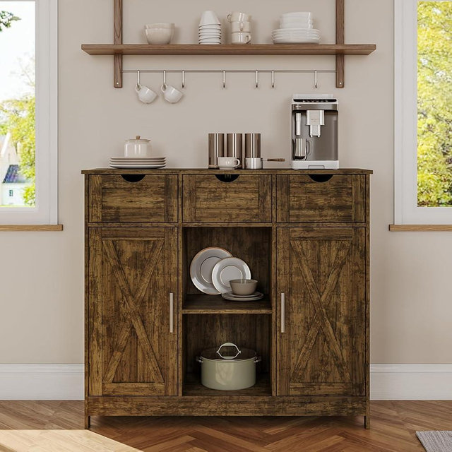 Viaozutis Storage Cabinet, Coffee Bar Cabinet with 2 Adjustable Shelves, 3 Drawers, and 2 Doors, for Bathroom, Kitchen, Living Room (Retro)