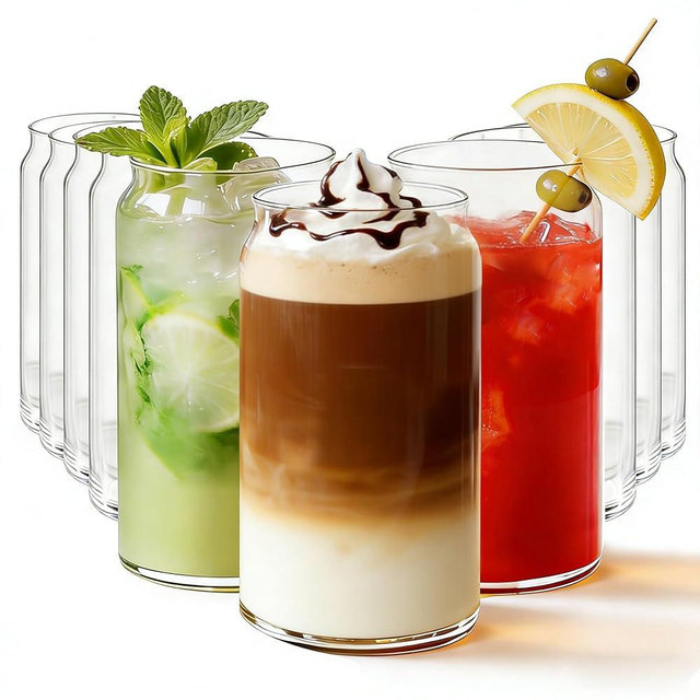 Etolies Drinking Glasses Set of 10, 17oz Can Shaped Glass Cups, Clear Highball Glasses, Cute Coffee Tumbler Glass, Ideal for Cocktails, Iced Coffee, Tea, Soda, Whiskey, Water, Beer and Gift