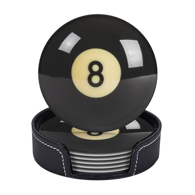 Black 8 Billiard Coasters for Drinks with Holder Round Leather Coasters Set of 6 Cups Mugs Mat Pad for Home Kitchen Bar