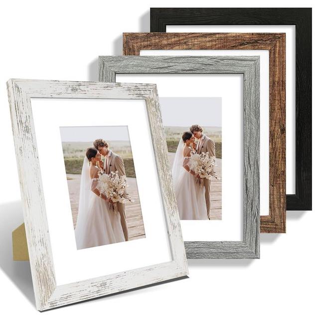 Hongkee 8x10 Picture Frame Set of 4, Made of Real Glass and Multicolour Wooden Frame, 8 by 10 Photo for Wall or Tabletop - Display Picture 5x7 with Mat or 8x10 Without Mat