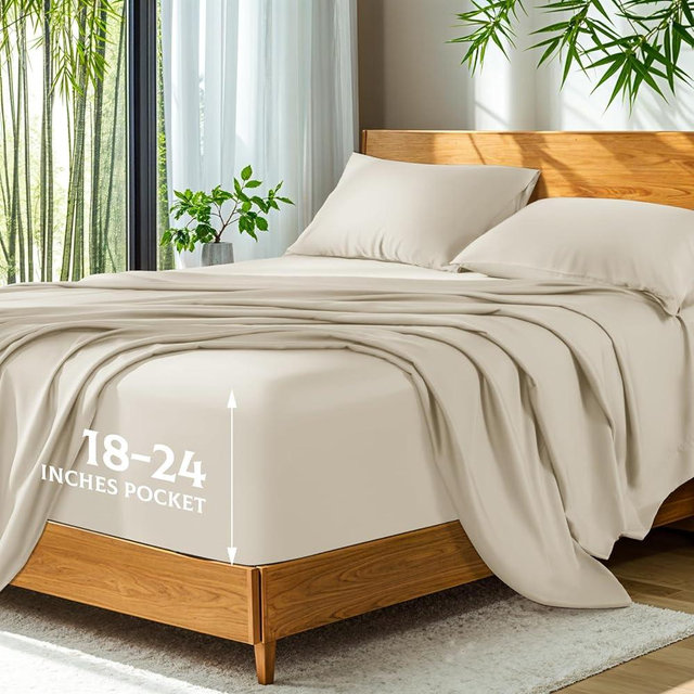SONORO KATE 100% Viscose Derived from Bamboo_, Extra Deep Pocket up to 18"-24",Ultra Soft & Cooling Sheets for Hot Sleepers, Hotel Luxury Silky Bed Sheets (Beige,King)