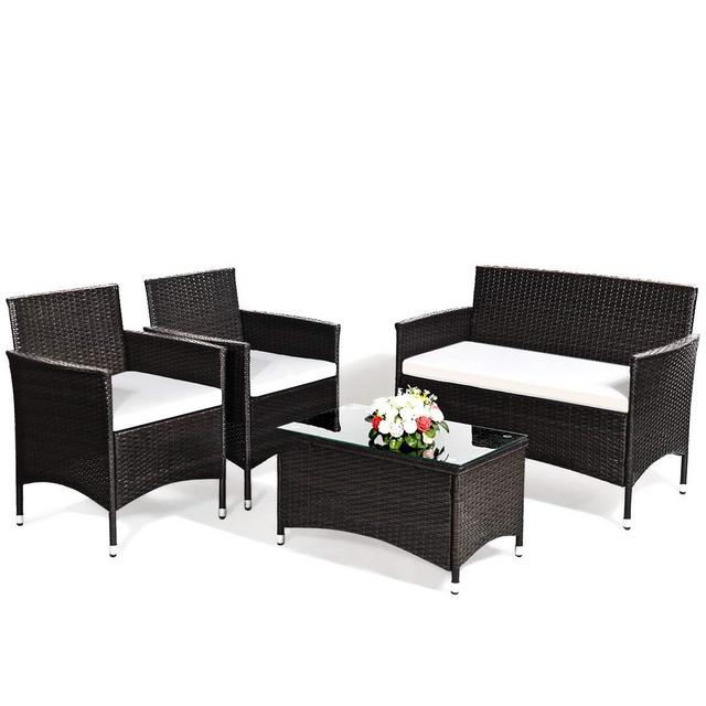 Goplus 4-Piece Rattan Patio Set, Outdoor/Indoor Wicker Conversation Set for Pool, Backyard, Lawn, Wicker Chairs and Sofa with Soft Cushion, Rattan Furniture with Tempered Glass Coffee Table