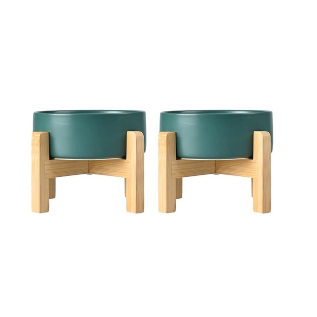 SPUNKYJUNKY Ceramic Dog Food and Water Bowl Set 2 Pack Raised Dog Bowls Anti-Slip Wooden Stand Elevated Dog Feeding Bowls for Small Breeds(Green,13.5OZ*2)