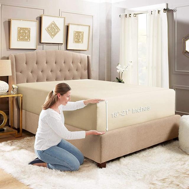 Empyrean Bedding King Fitted Sheet Deep Pocket - Extra Deep Fitted Sheets King for 18-21 Inch Beds - King Size Fitted Sheet Only Deep Pocket for A Great Fit - Deep Pocket Fitted Sheet - Cream Beige