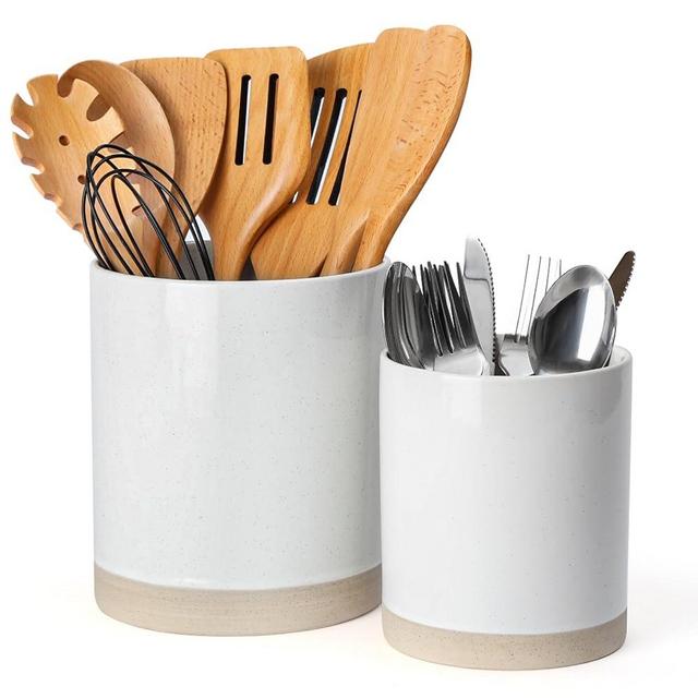 famiware Milkyway Kitchen Utensil Holder for Countertop, Ceramic Cooking Utensil Crocks for Kitchen Counter, Utensil Organizer for Spatula & Spoon, Kitchen Decor, Set of 2, White