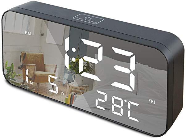GLOUE 9.6 Inches Large LED Digital Alarm Clock, USB Charging Port and Battery Backup, Temperature, Date, Snooze, Adjustable Brightness, Bedroom Mirror Travel Alarm, Simple Operation, 12/24Hr