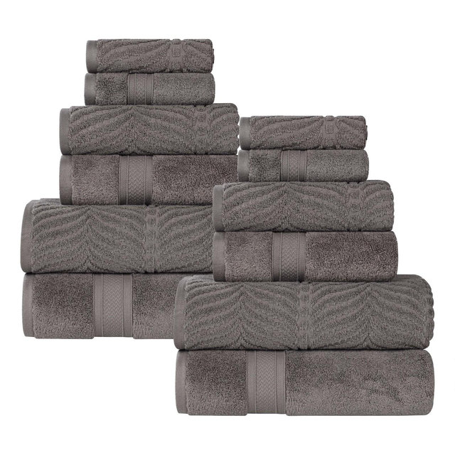 Chevron Zero Twist Cotton Solid and Jacquard 12 Piece Bathroom Towel Set, Charcoal - Blue Nile Mills