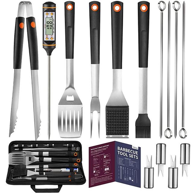 Veken 15 Pc. Grilling Accessories Tools Set with Meat Thermometer, BBQ Accessories Kit with 4-in-1 Spatula, Stainless-Steel Skewers, Grilling Tongs, Steel Wire Brush, and Corn Holder, Gifts for Men