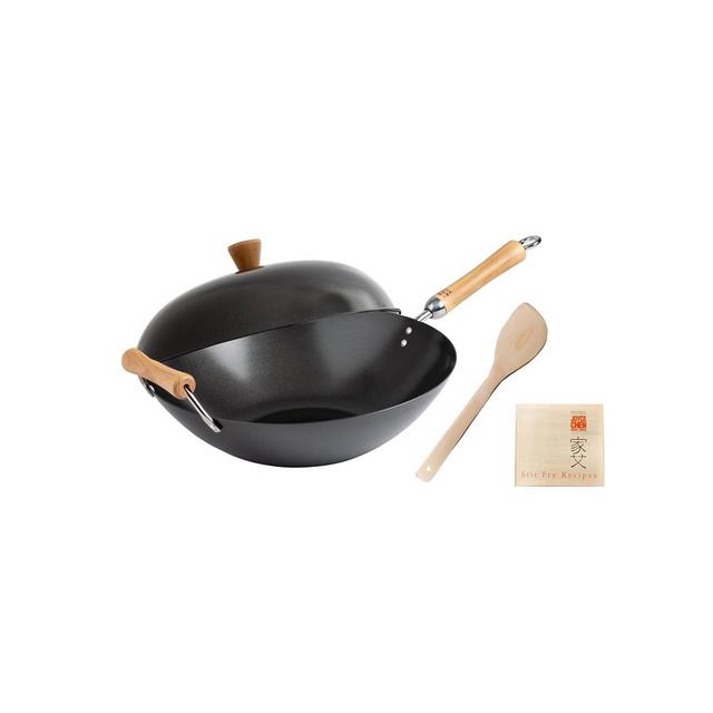Honey Can Do Joyce Chen Classic Series Carbon Steel Nonstick 4-Pc. Wok Set with Lid and Birch Handles