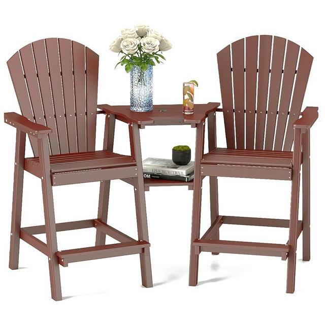 FOOWIN Tall Adirondack Chairs Set of 2,Recycled Poly Balcony Chair with Double Connecting Tray Patio Stools Weather Resistant for Outdoor Deck Lawn Pool Backyard Brown