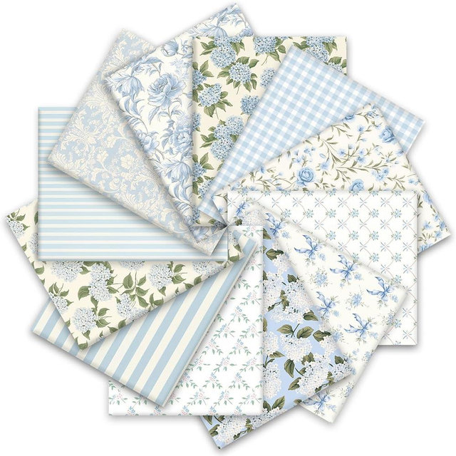 JarThenaAMCS 12Pcs Hydrangea Cotton Fabric Bundles 18 x 22 Inch Watercolor Dusty Blue Floral Fat Quarters Flower Plaid Stripe Sewing Fabrics for DIY Craft Party Decor