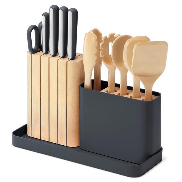 Caraway 14-Piece Kitchen Prep Set - Kitchen Knife Set & Wooden Utensil Set - Made With Premium German Steel Blades & FSC-Certified Birch Wood - Non-Toxic Materials - Includes Organizer - Charcoal