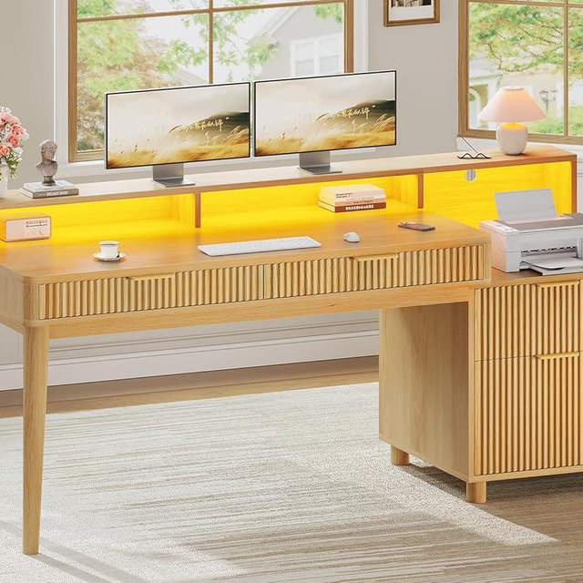 SEDETA 59" Computer Desk with 4 Storage Drawers, Fluted Wood Office Desk with File Drawer, LED Lights and Power Strip, Gaming Table Writing Desk for Home Office, Living Room, Bedroom, Oak