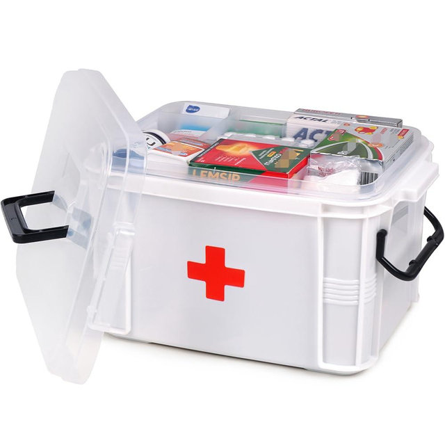 HEY FOLY 15qt White Medicine Organizer Storage Box with Tray, Plastic First Aid Box Empty, Thickened Medicine Container Chest, Multipurpose Medical Case with Labels, Medicine Caddy with Lids Handles
