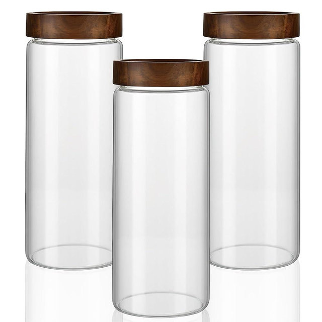 MOLADRI 3 Pack 50 fl oz/1500 ml Clear Glass Storage Canister with Airtight Wooden Screw On Lid, Large Tall Decorative Glass Container Jar Set for Coffee, Nut, Tea, Candy, Cookie, Cereal, Sugar, Flour